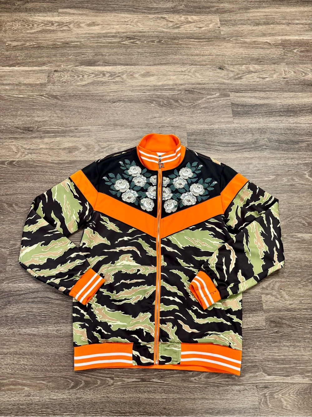 Reason NYC Men’s L Tiger Camo Floral Embroidered Track Jacket Orange
